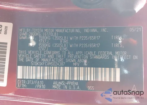 2021 Toyota Sienna Le z USA, uszkodzony, nr VIN 5TDKSKFCXMS024387
